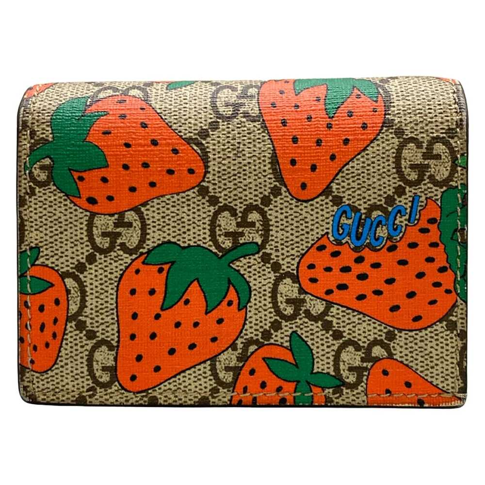 Gucci Strawberry Print GG Card Case Bifold Wallet 573839 Beige Red Multi